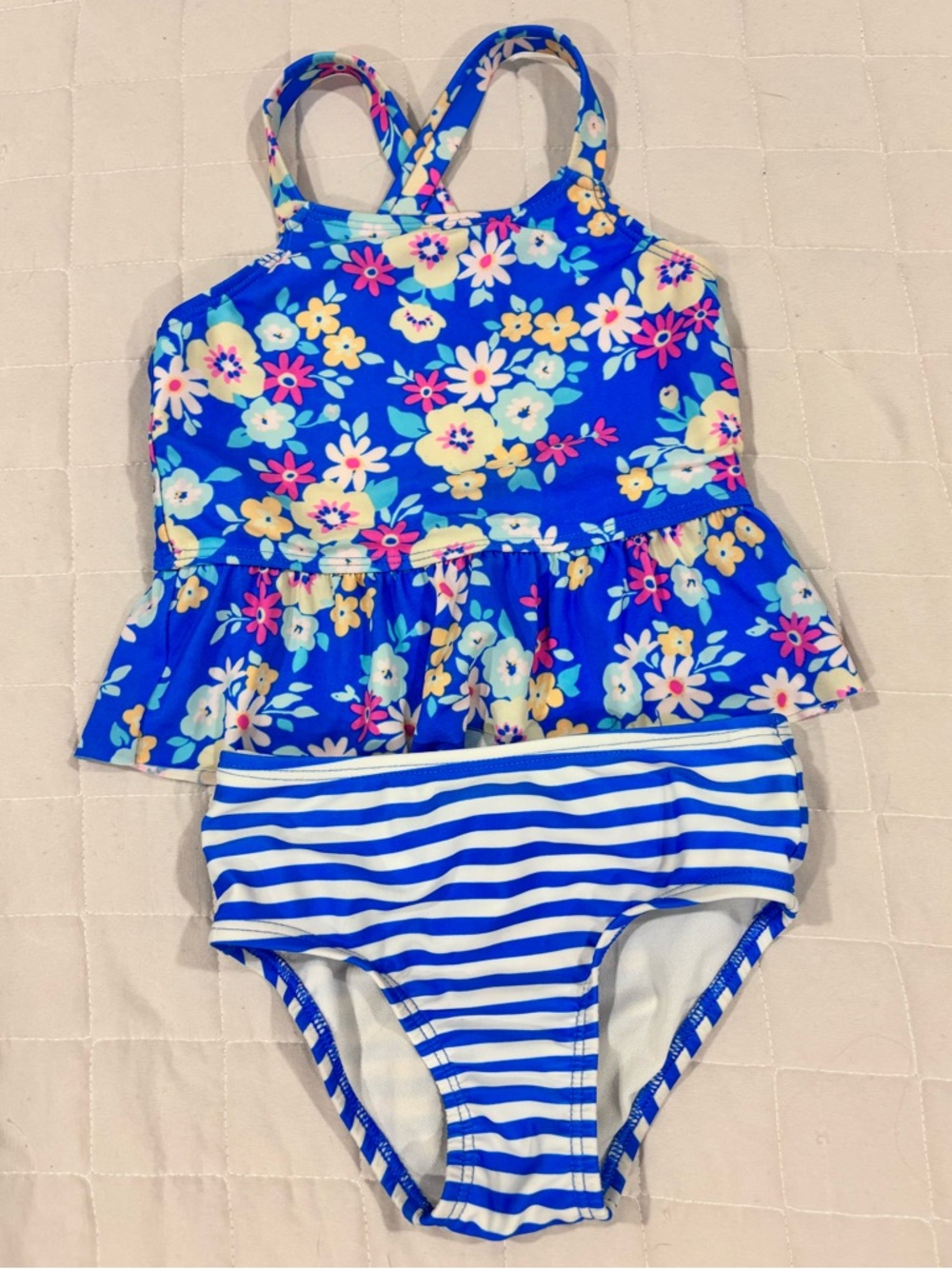Cat & Jack Blue Floral Tankini with Striped Bottoms 2 Piece Bathing Suit Swim 2T